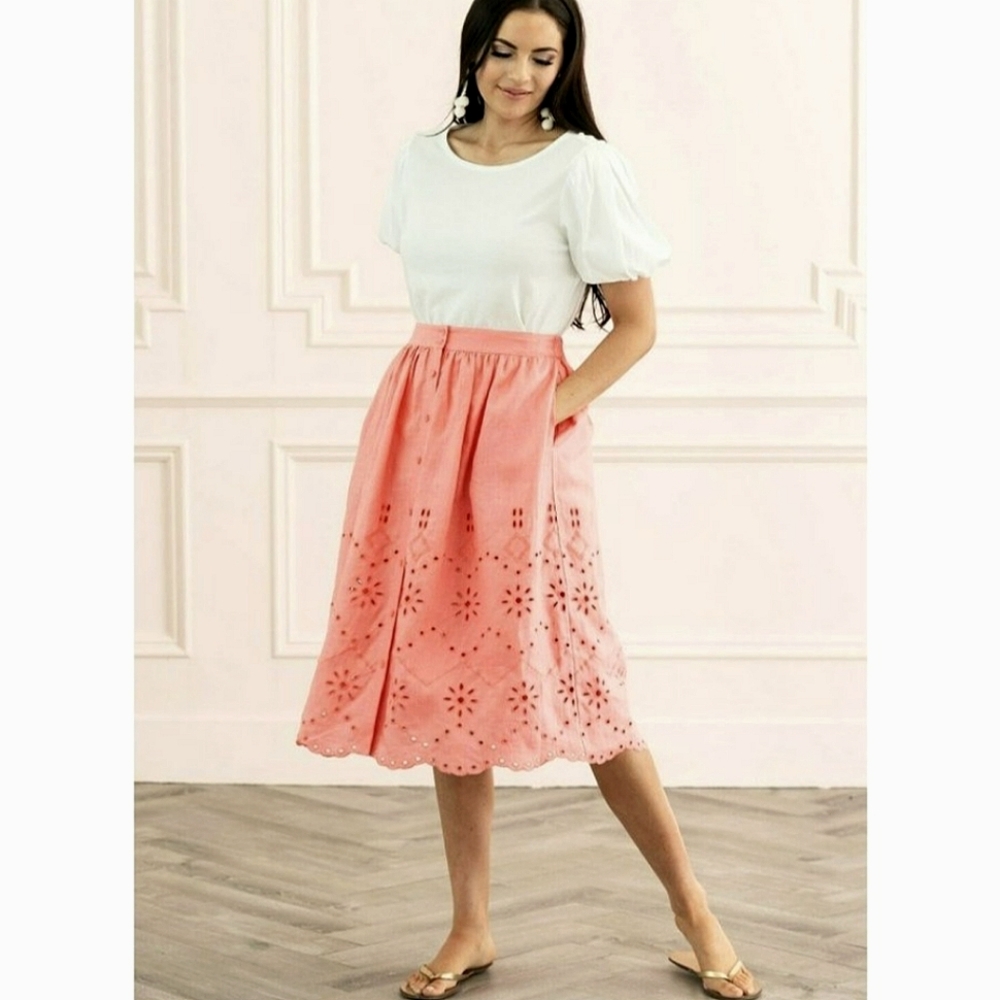 Linen Midi Skirt - Rachel Parcell Coral Pink Eyelet XS